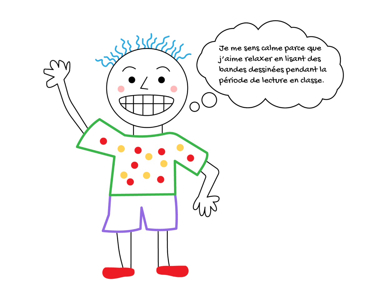 Un bonhomme qui se tient debout, tout souriant, fait salut de la main.  Des traits bleus forment ses cheveux. Des points noirs composent ses yeux et deux points roses, ses joues. Il porte un chandail à pois rouges et jaunes, un short mauve et des espadrilles rouges. Un nuage de pensée se dresse à droite du personnage dans lequel la phrase suivante est inscrite : Je me sens clame parce que j’aime relaxer en lisant des bandes dessinées pendant la période de lecture en classe. 