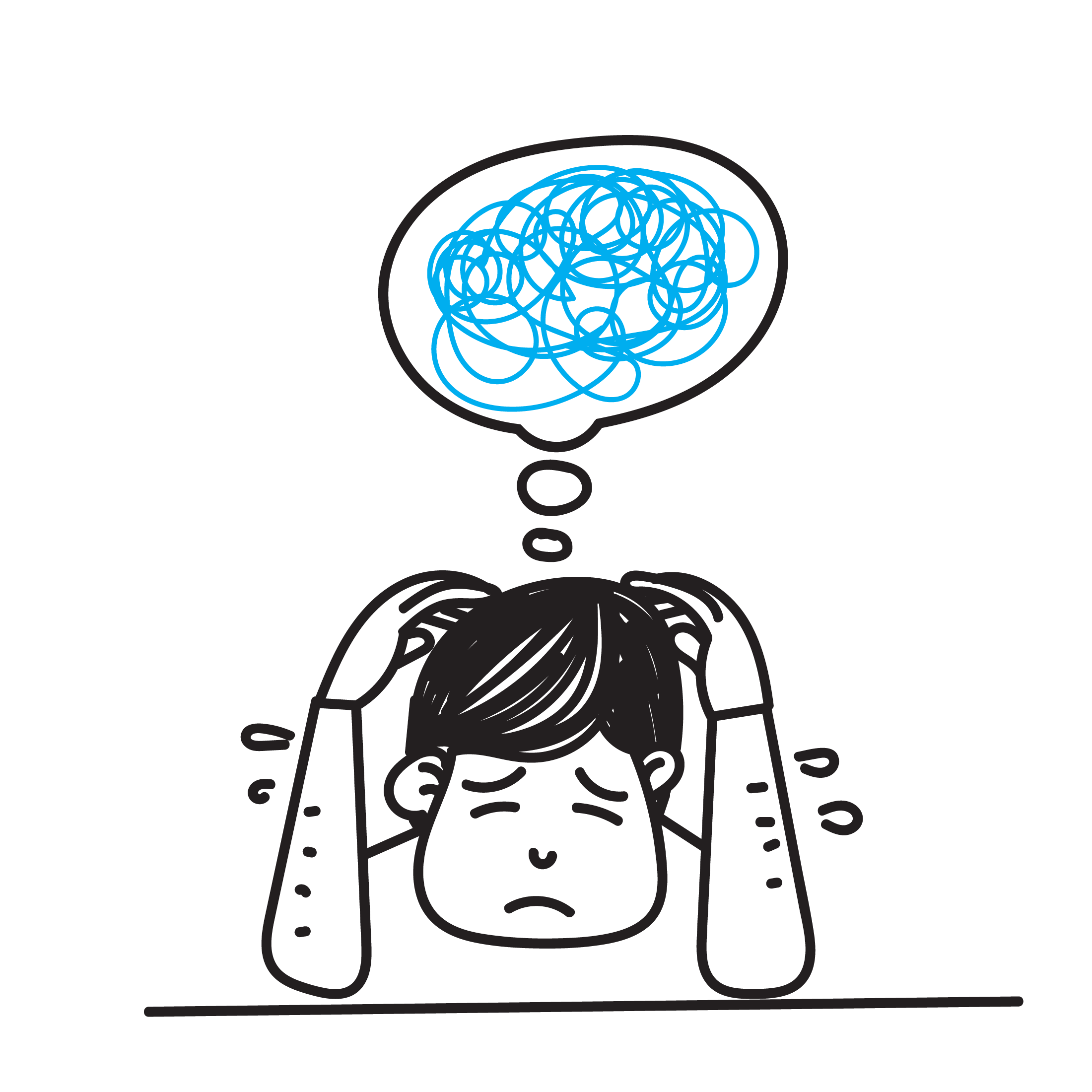 Une personne porte ses mains à sa tête. Les traits de son visage indiquent qu’elle est triste. Un nuage de pensées se tient au-dessus de sa tête. Dans ce dernier, il y a des gribouillis qui représentent des pensées négatives. 