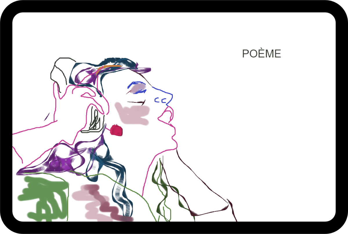 Des traits colorés forment une illustration d’une personne qui écoute de la musique à l’aide d’écouteurs.  À sa droite, est inscrit le mot poème.